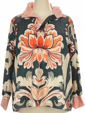Floral Print Long-Sleeve Blouse With Contrasting Trim